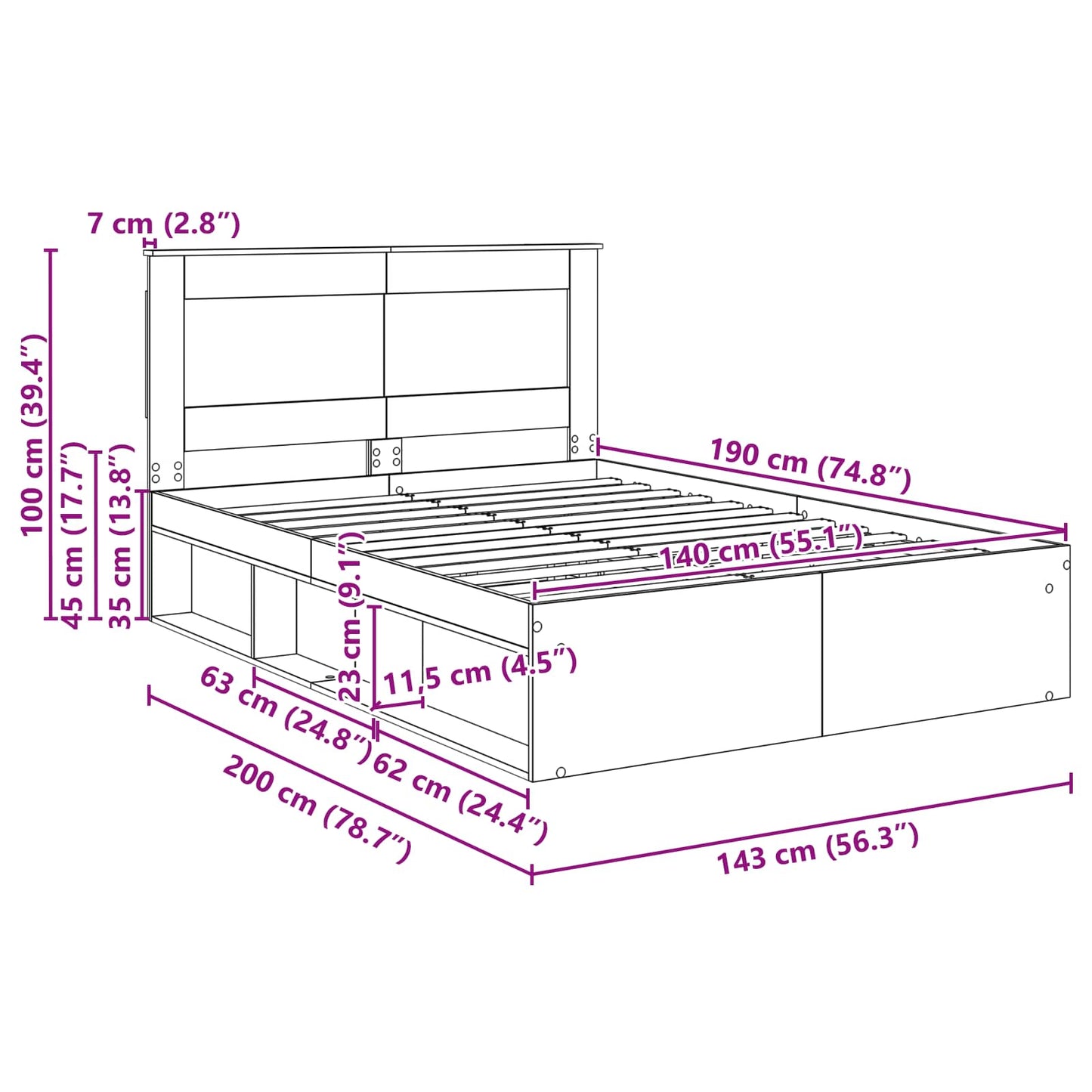 Bed Frame with Headboard Concerte 140 x 190 cm Solid Pine Wood