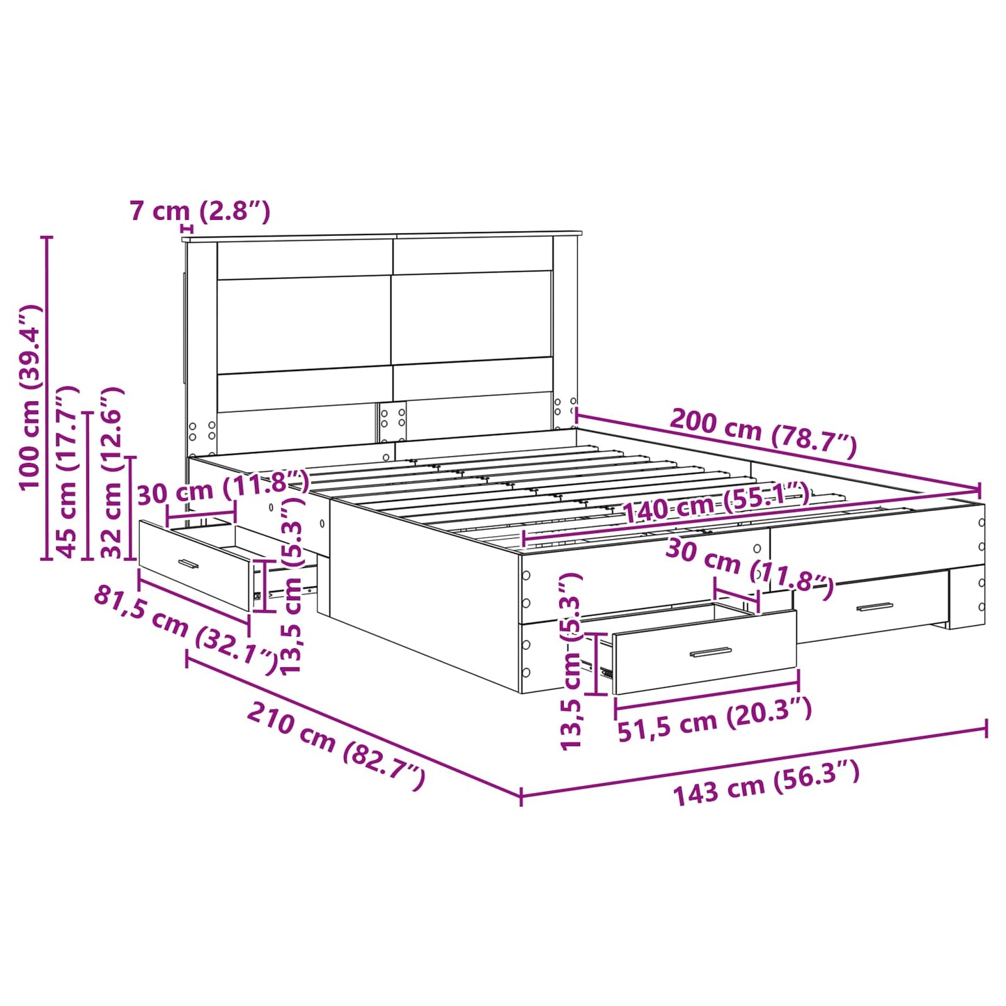 Bed Frame with Drawer Grey Sonoma 140 x 200 cm Engineered Wood