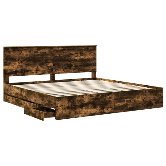 Bed Frame with Drawer Smoked Oak 200 x 200 cm Engineer Wood Bed Frame with Drawer Smoked Oak 200 x 200 cm Engineer Wood