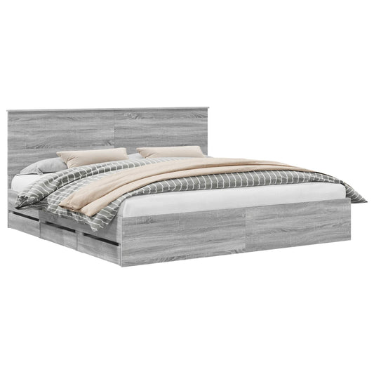 Bed Frame with Drawer Grey Sonoma 200 x 200 cm Engineer Wood Bed Frame with Drawer Grey Sonoma 200 x 200 cm Engineer Wood