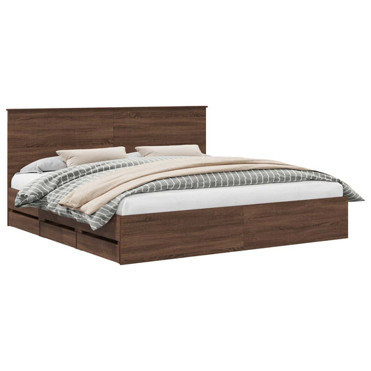 Bed Frame with Drawer Brown Oak 200 x 200 cm Engineer Wood Bed Frame with Drawer Brown Oak 200 x 200 cm Engineer Wood