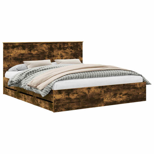 Bed Frame with Drawer Smoked Oak 180 x 200 cm Engineer Wood Bed Frame with Drawer Smoked Oak 180 x 200 cm Engineer Wood