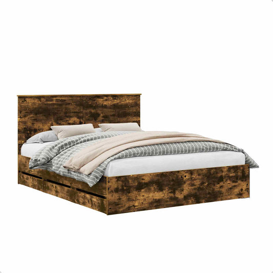 Bed Frame with Drawer Smoked Oak 160 x 200 cm Engineer Wood Bed Frame with Drawer Smoked Oak 160 x 200 cm Engineer Wood