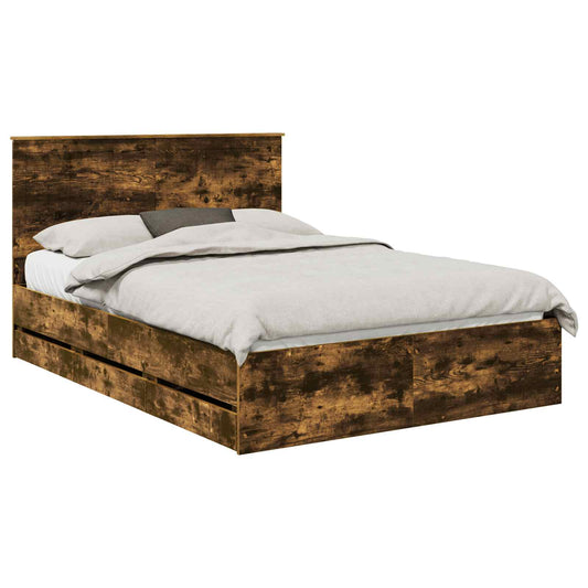 Bed Frame with Drawer Smoked Oak 140 x 200 cm Engineer Wood Bed Frame with Drawer Smoked Oak 140 x 200 cm Engineer Wood
