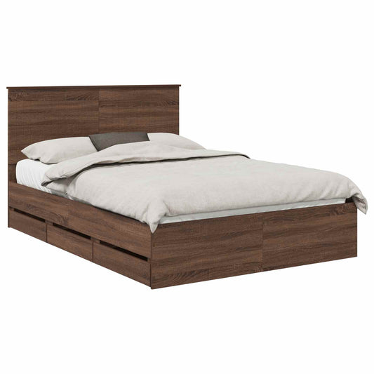 Bed Frame with Drawer Brown Oak 135 x 190 cm Engineer Wood Bed Frame with Drawer Brown Oak 135 x 190 cm Engineer Wood