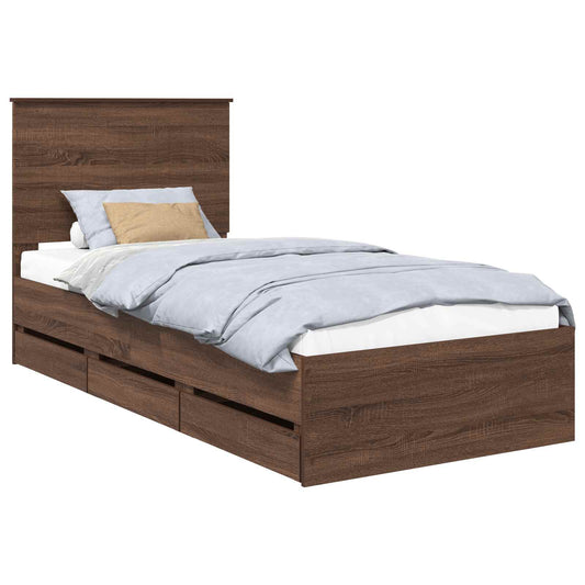 Bed Frame with Drawer Brown Oak 90 x 190 cm Engineer Wood Bed Frame with Drawer Brown Oak 90 x 190 cm Engineer Wood