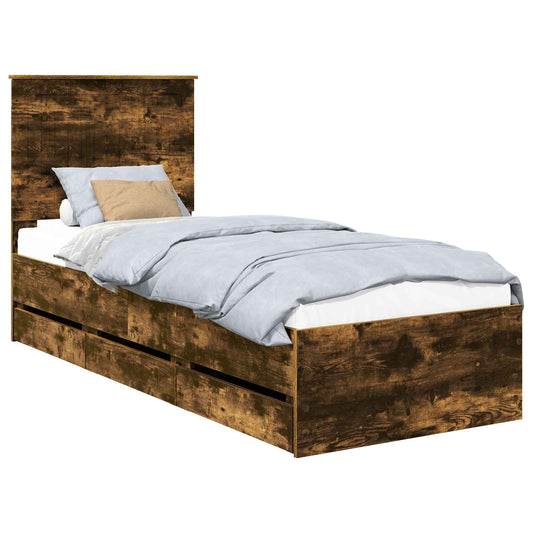 Bed Frame with Drawer Smoked Oak 75 x 190 cm Engineer Wood Bed Frame with Drawer Smoked Oak 75 x 190 cm Engineer Wood