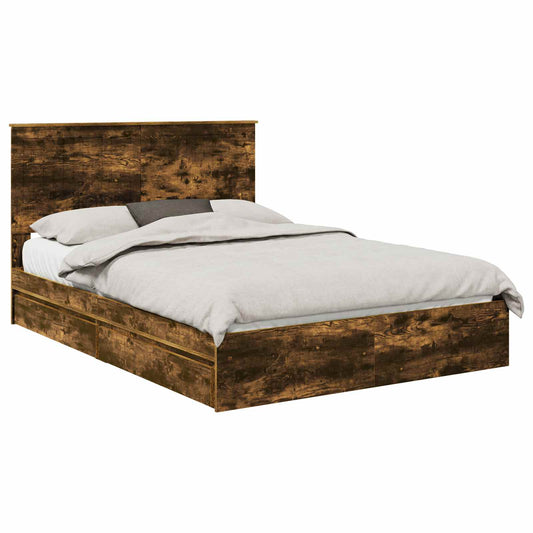 Storage Bed with Drawer Smoked Oak 140 x 190 cm Engineered Wood Storage Bed with Drawer Smoked Oak 140 x 190 cm Engineered Wood