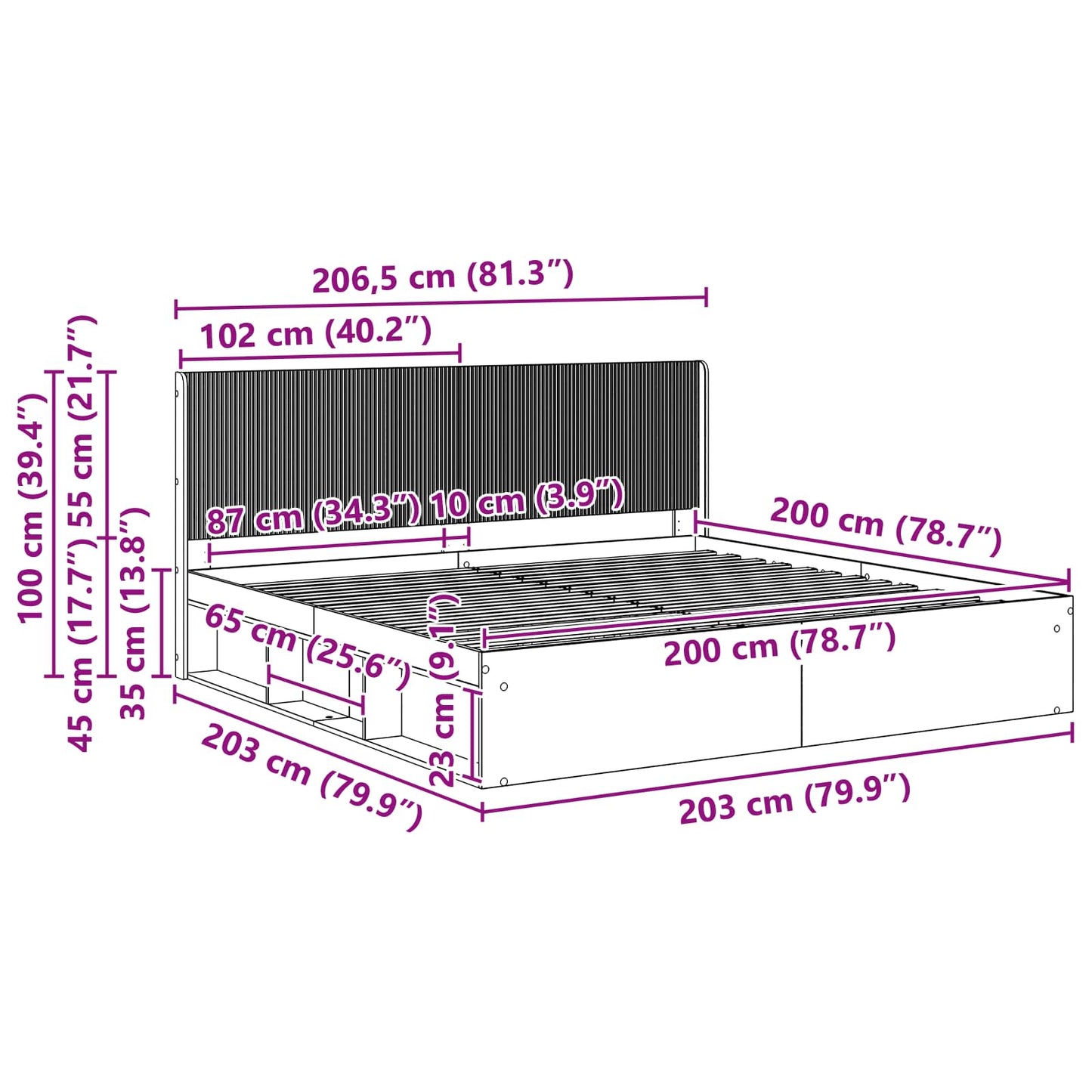 Bed Frame with Storage and Headboard Grey Sonoma 200 x 200 cm