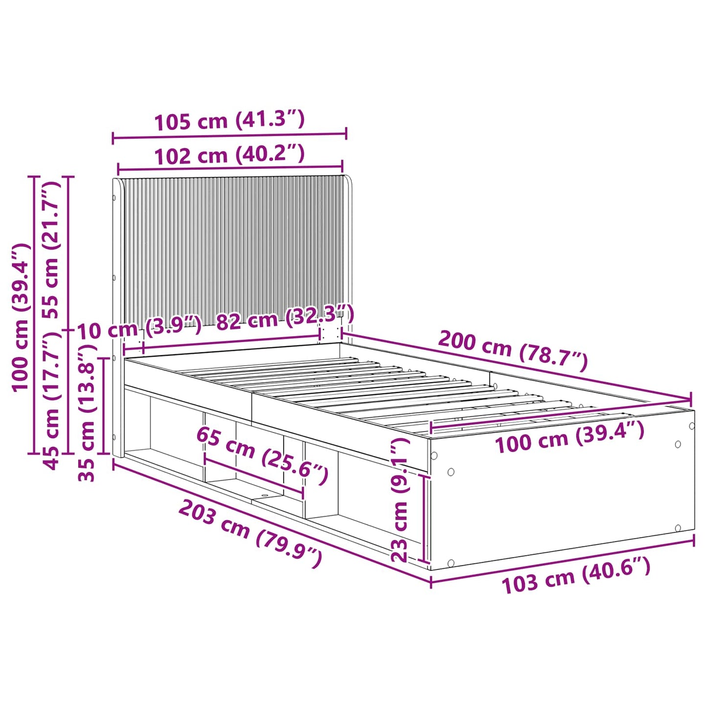 Bed Frame with Storage and Headboard Grey Sonoma 100 x 200 cm