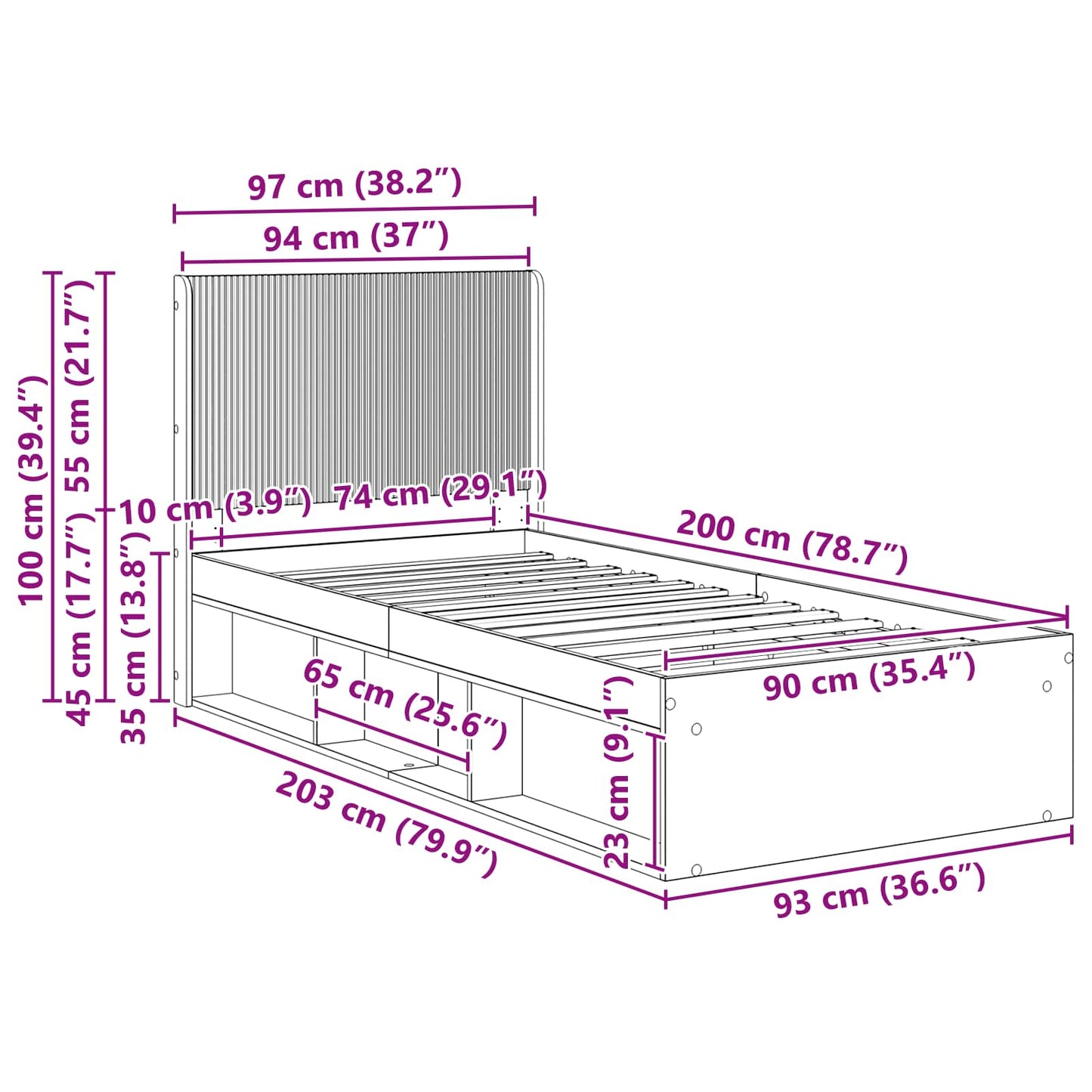 Bed Frame with Storage and Headboard Grey Sonoma 90 x 200 cm