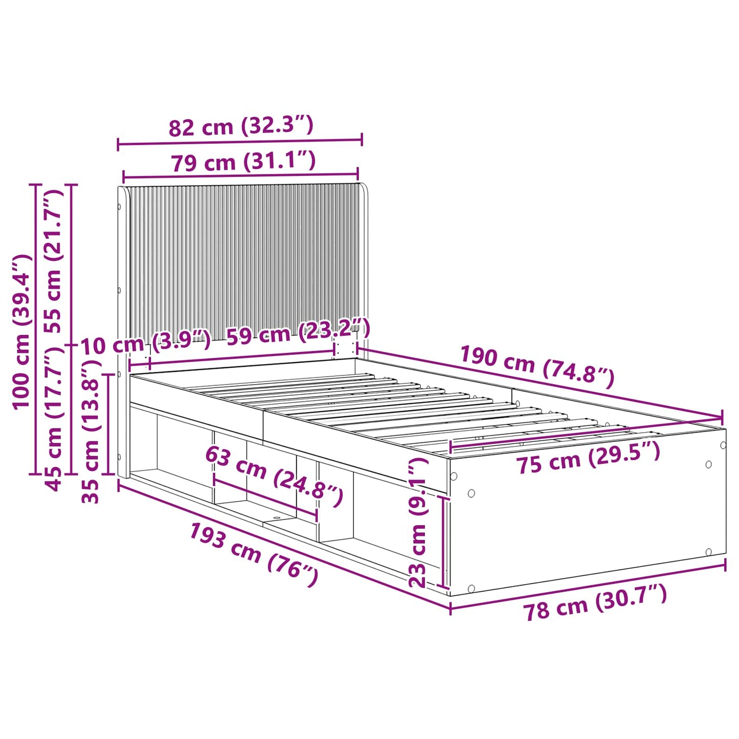 Bed Frame with Storage and Headboard Grey Sonoma 75 x 190 cm