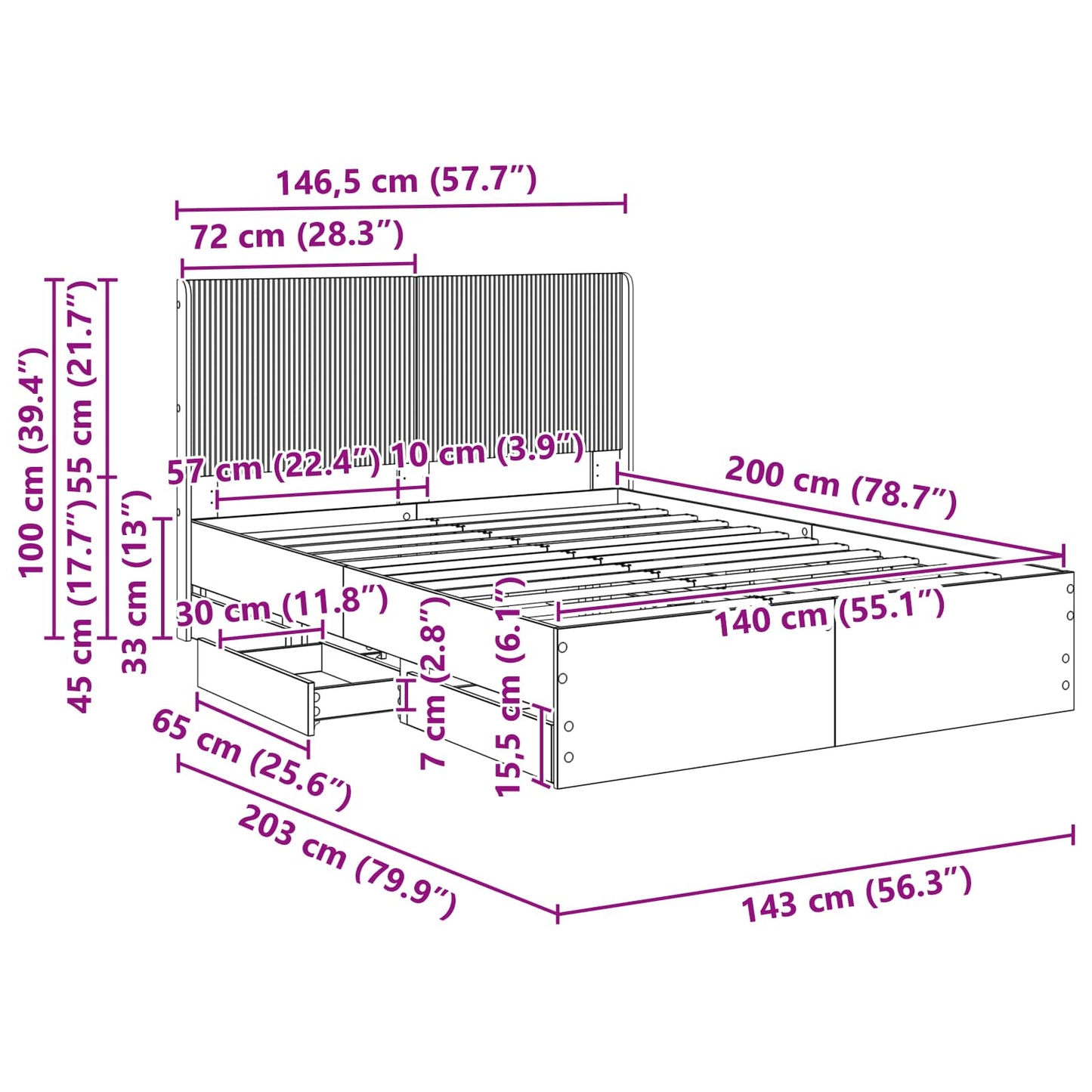 Bed Frame with Storage and Headboard Black 140 x 200 cm