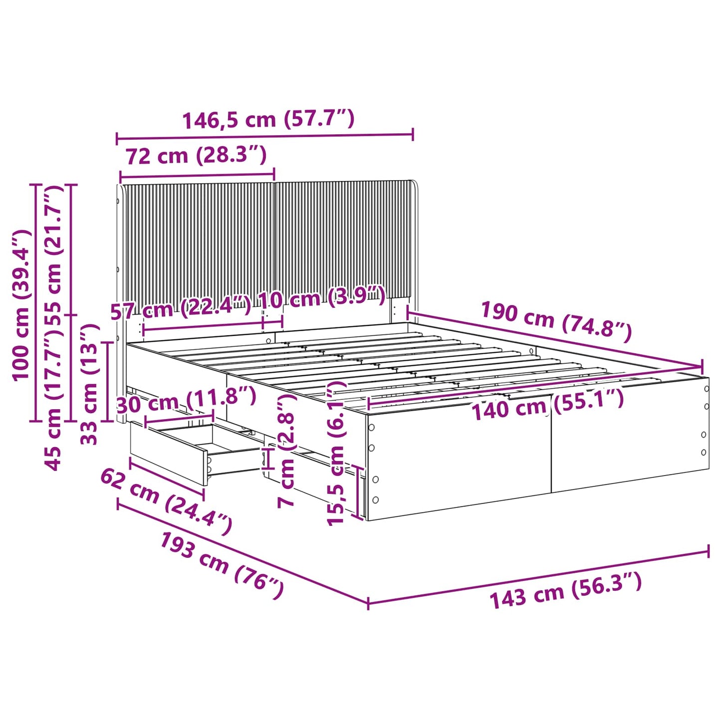 Bed Frame with Storage and Headboard Black 140 x 190 cm