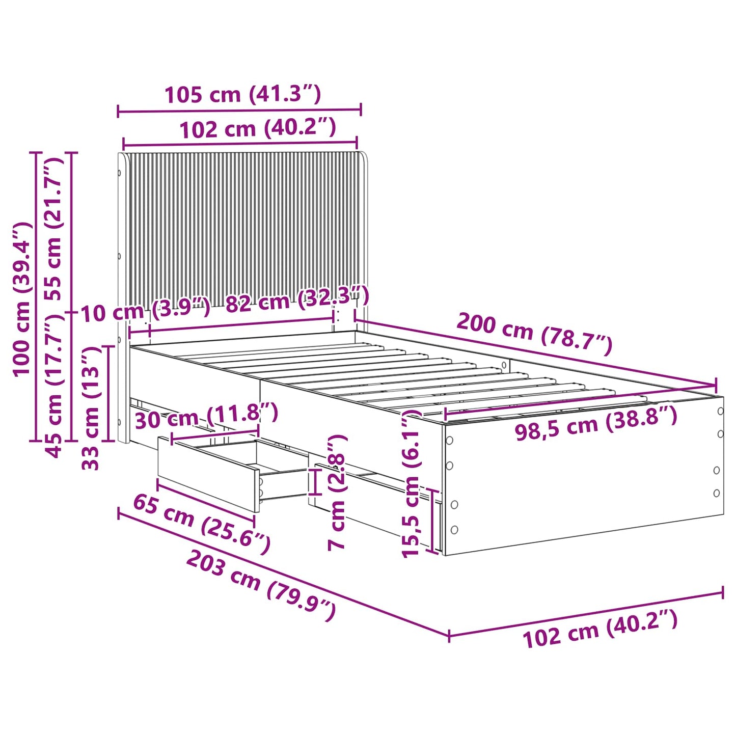 Bed Frame with Storage and Headboard White 100 x 200 cm