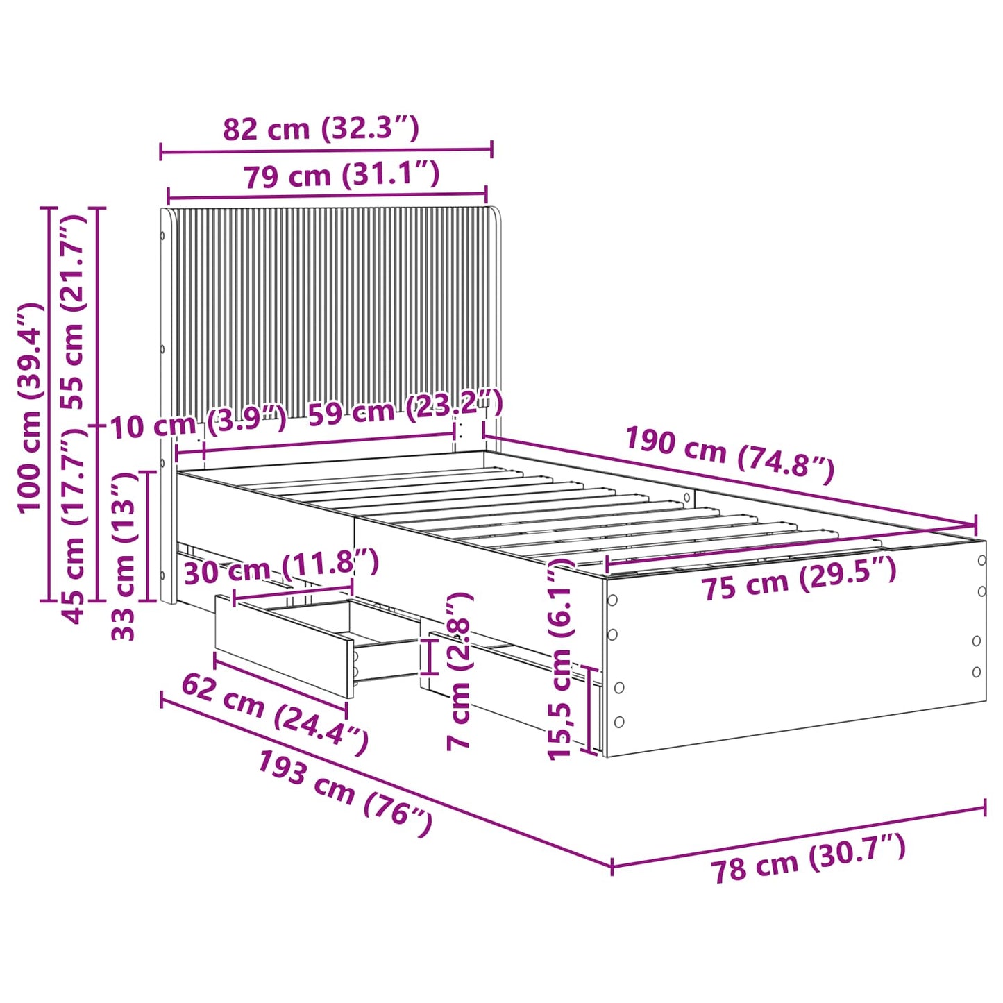 Bed Frame with Storage and Headboard Grey Sonoma 75 x 190 cm