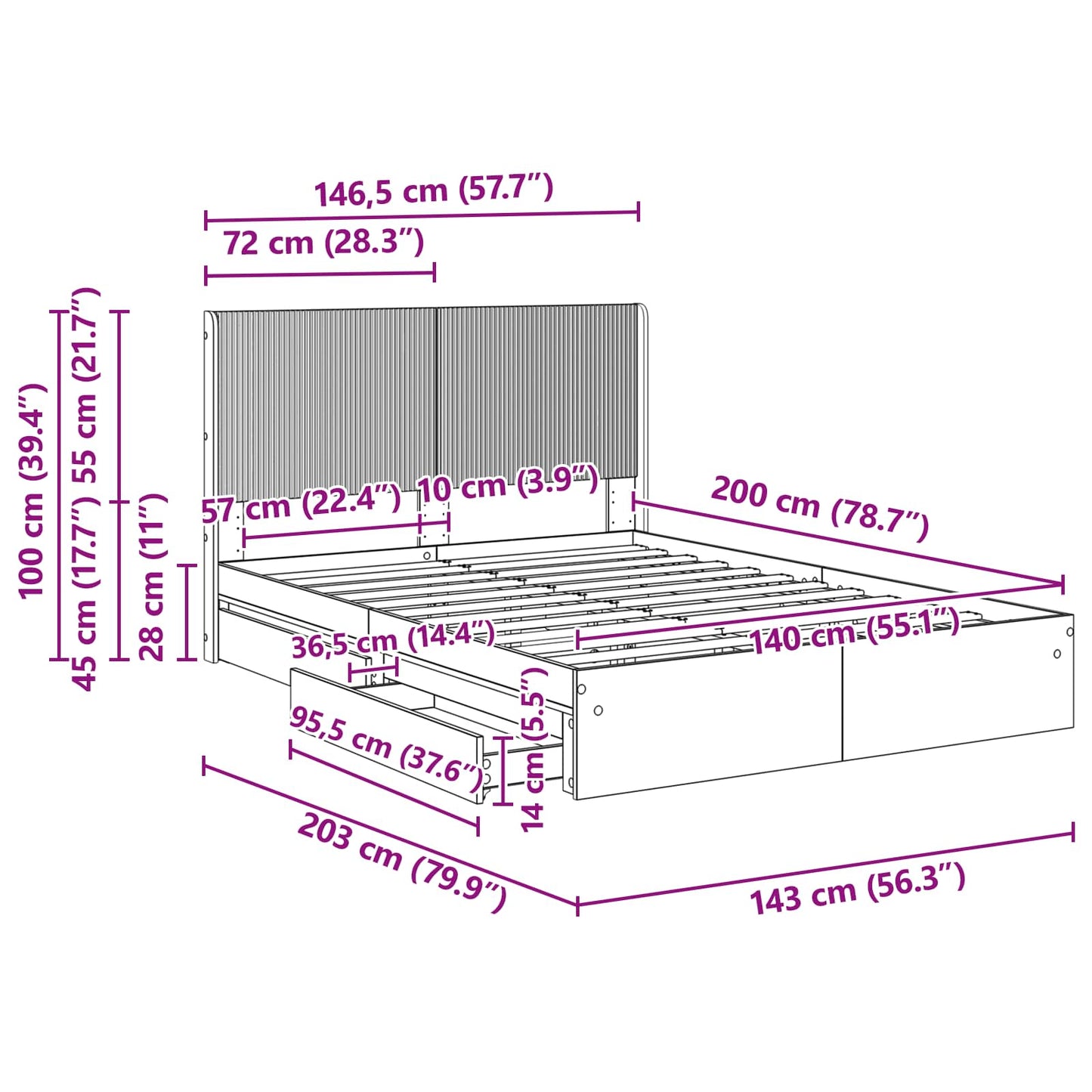 Bed Frame with Storage and Headboard Grey Sonoma 140 x 200 cm