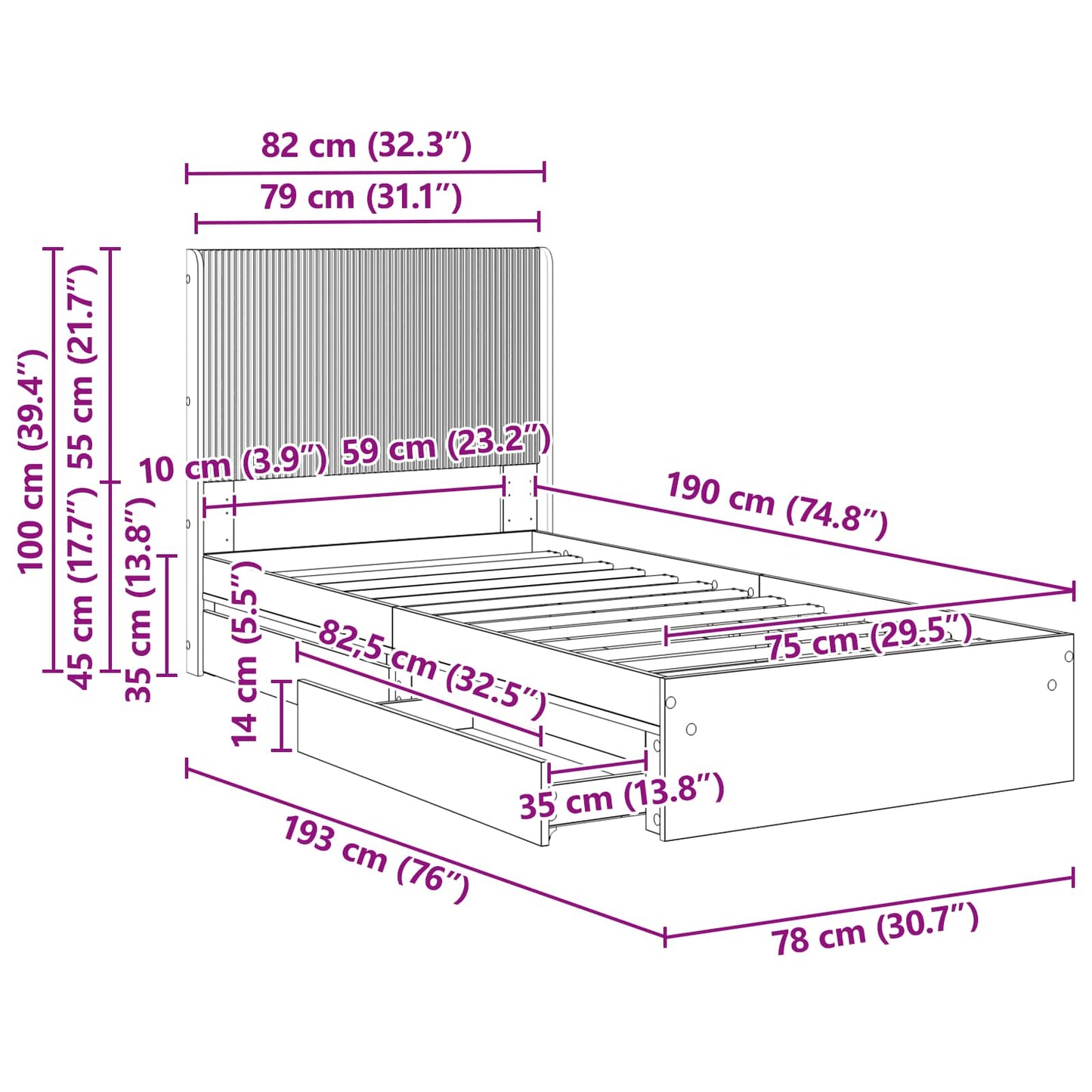 Bed Frame with Storage and Headboard Sonoma Oak 75 x 190 cm