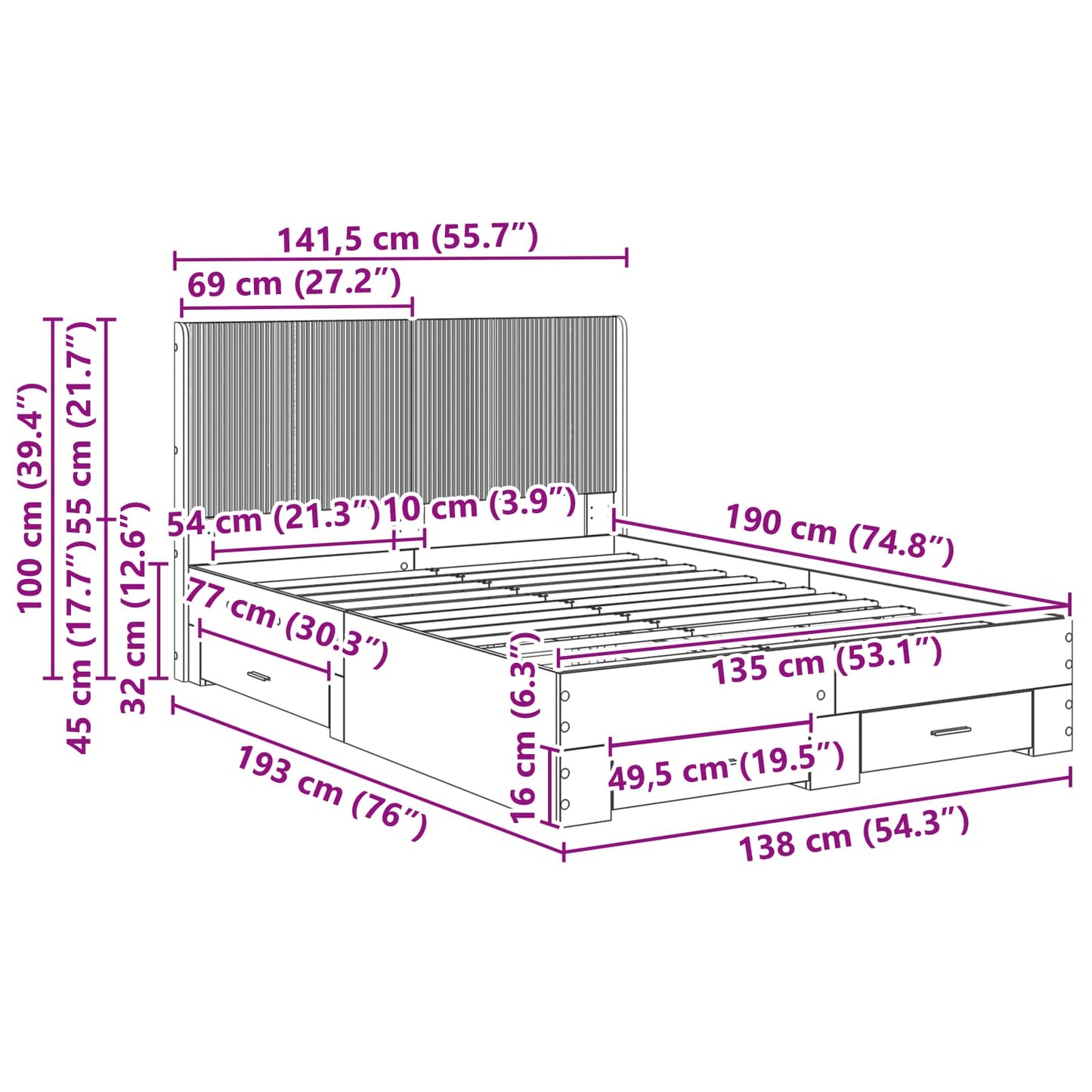 Bed Frame with Storage and Headboard Black 135 x 190 cm
