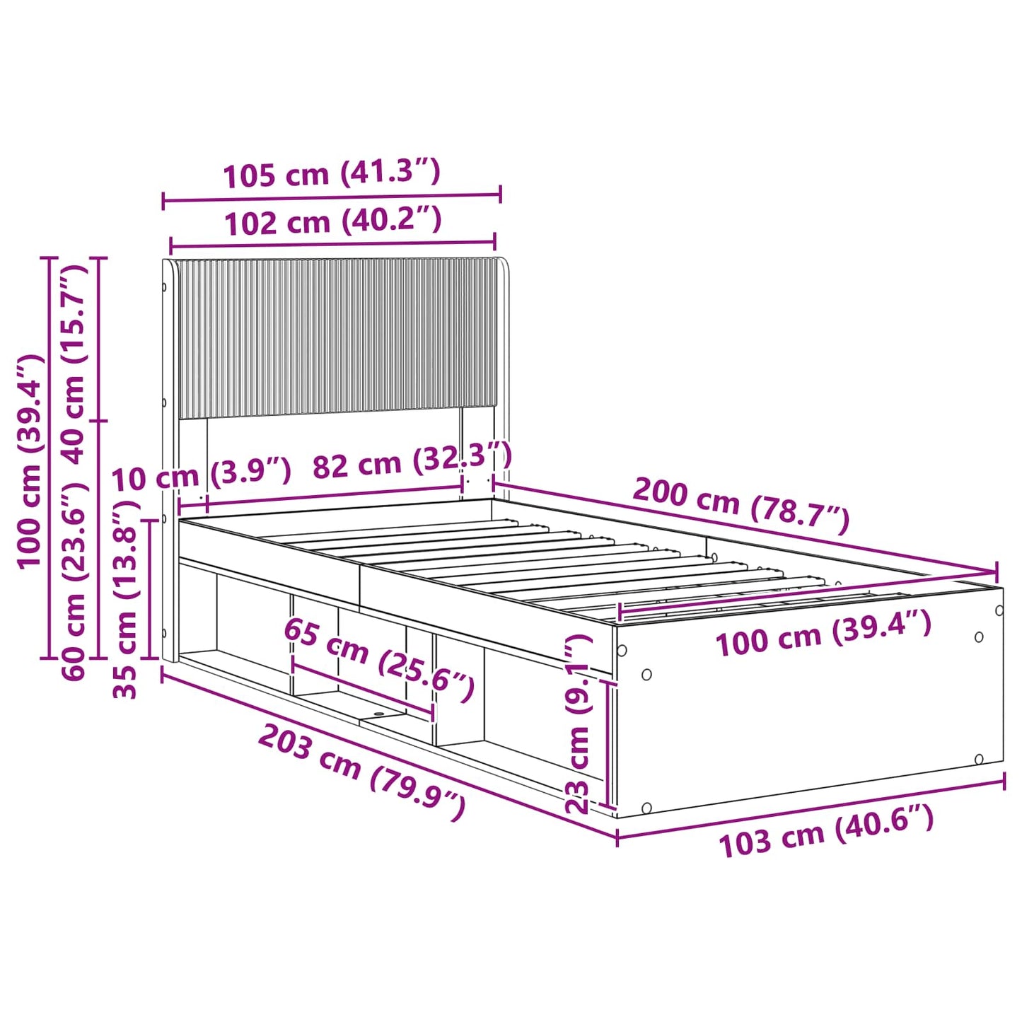Bed Frame with Storage and Headboard Black 100 x 200 cm