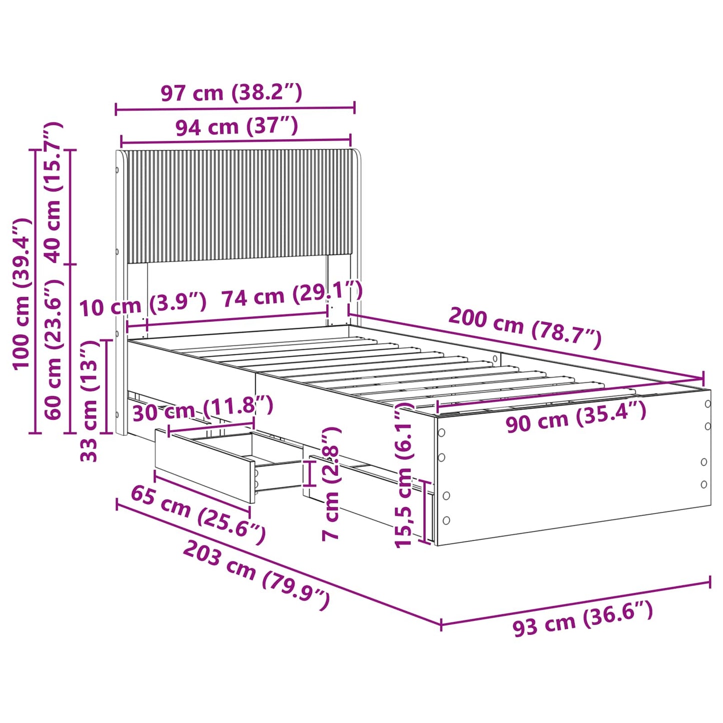 Bed Frame with Storage and Headboard Black 90 x 200 cm