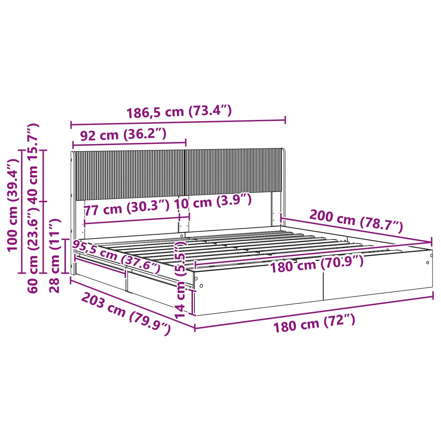 Bed Frame with Storage and Headboard White 180 x 200 cm