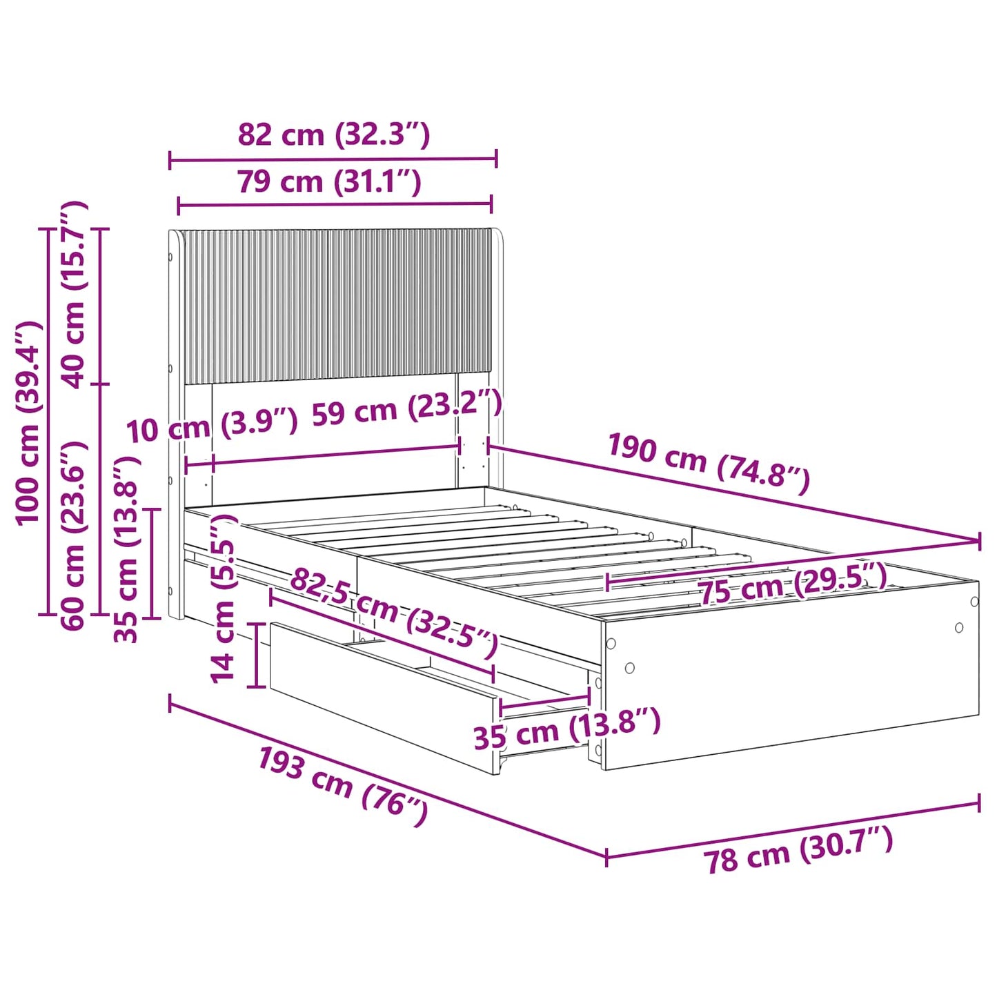 Bed Frame with Storage and Headboard Sonoma Oak 75 x 190 cm