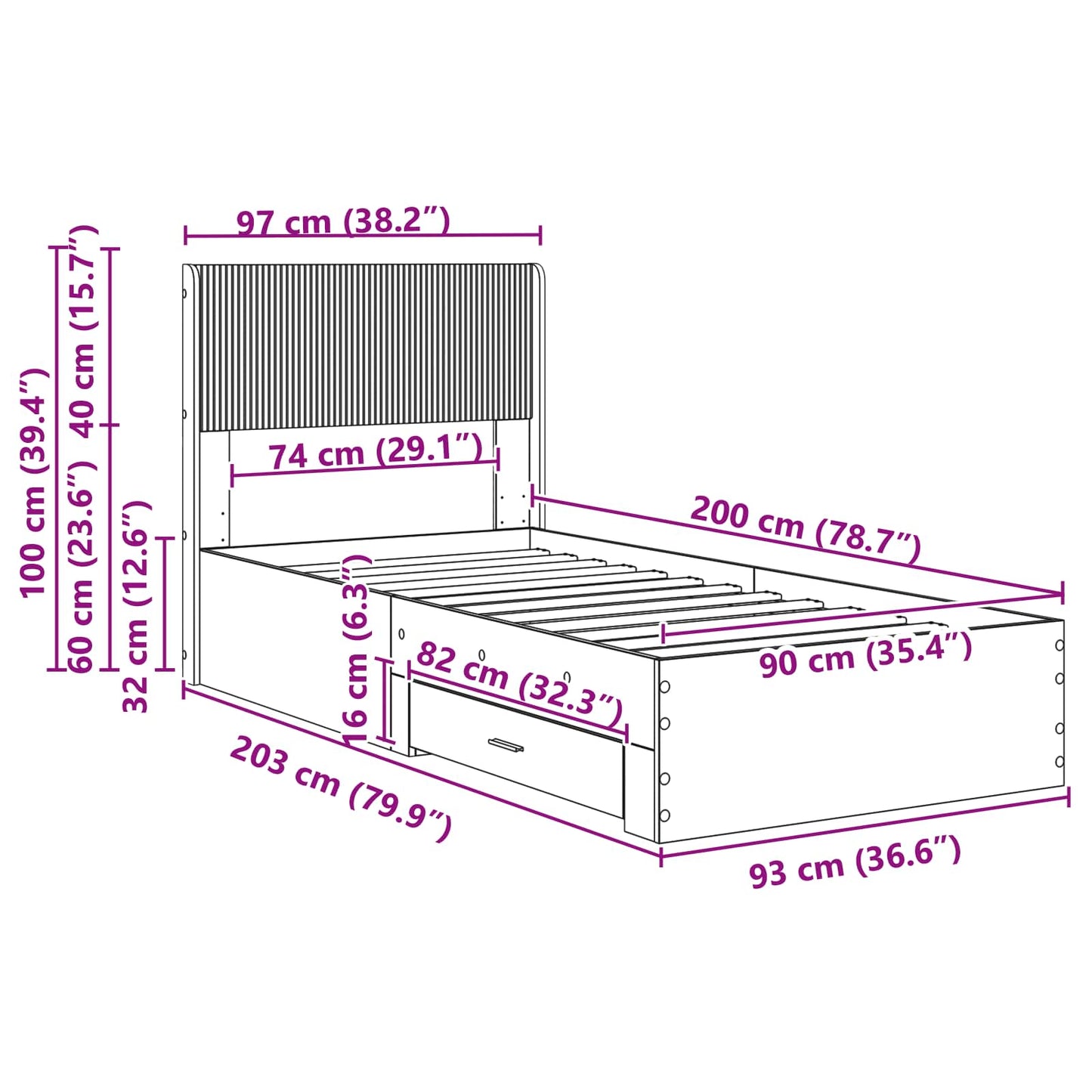 Bed Frame with Storage and Headboard Artisan Oak 90 x 200 cm