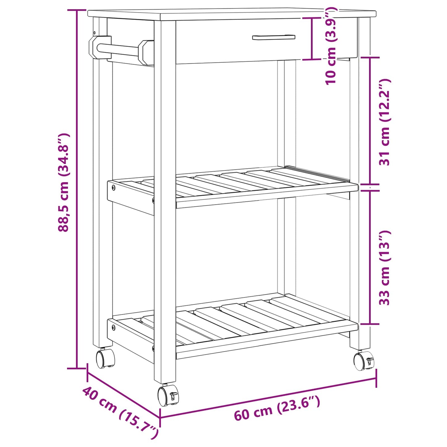 Kitchen Trolley MONZA Black 60 x 40 x 88.5 cm Solid Pine Wood