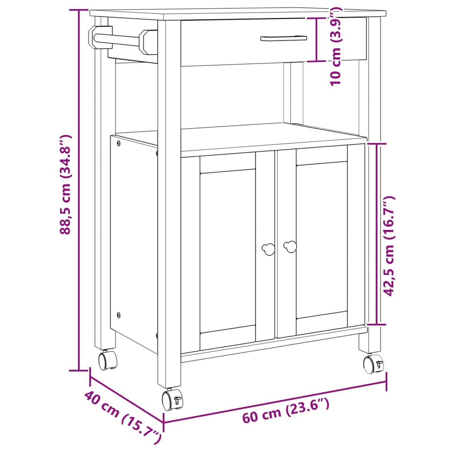 Kitchen Trolley MONZA Black 60 x 40 x 88.5 cm Solid Pine Wood