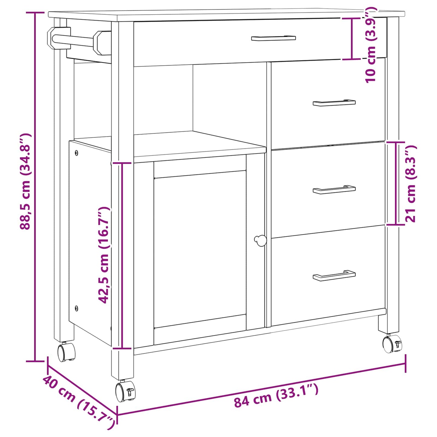 Kitchen Trolley MONZA Black 84 x 40 x 88.5 cm Solid Pine Wood