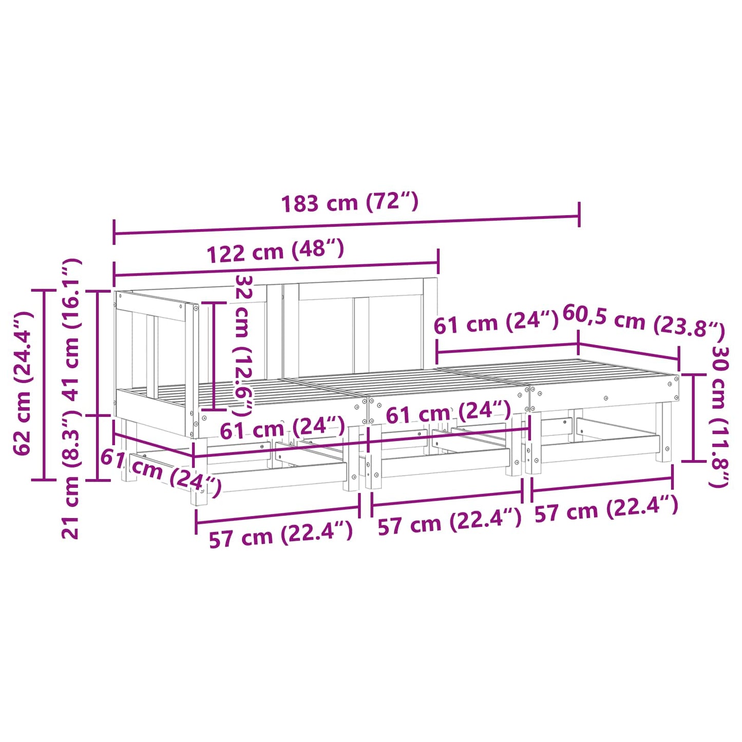 Sectional Sofa Units Wax Brown 183 x 61 x 62 cm Solid Pine Wood