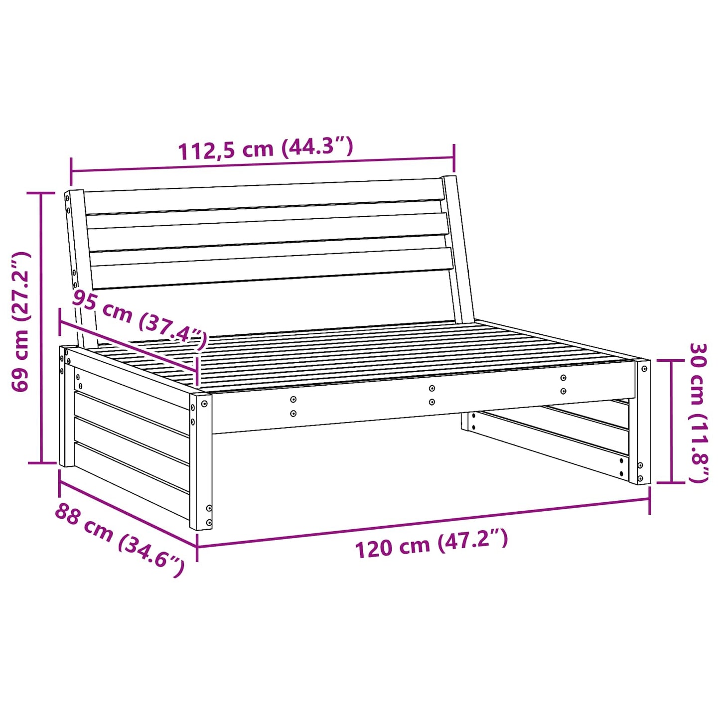 Garden Middle Sofa Solid Pine Wood Wax Brown 120 x 95 x 69 cm