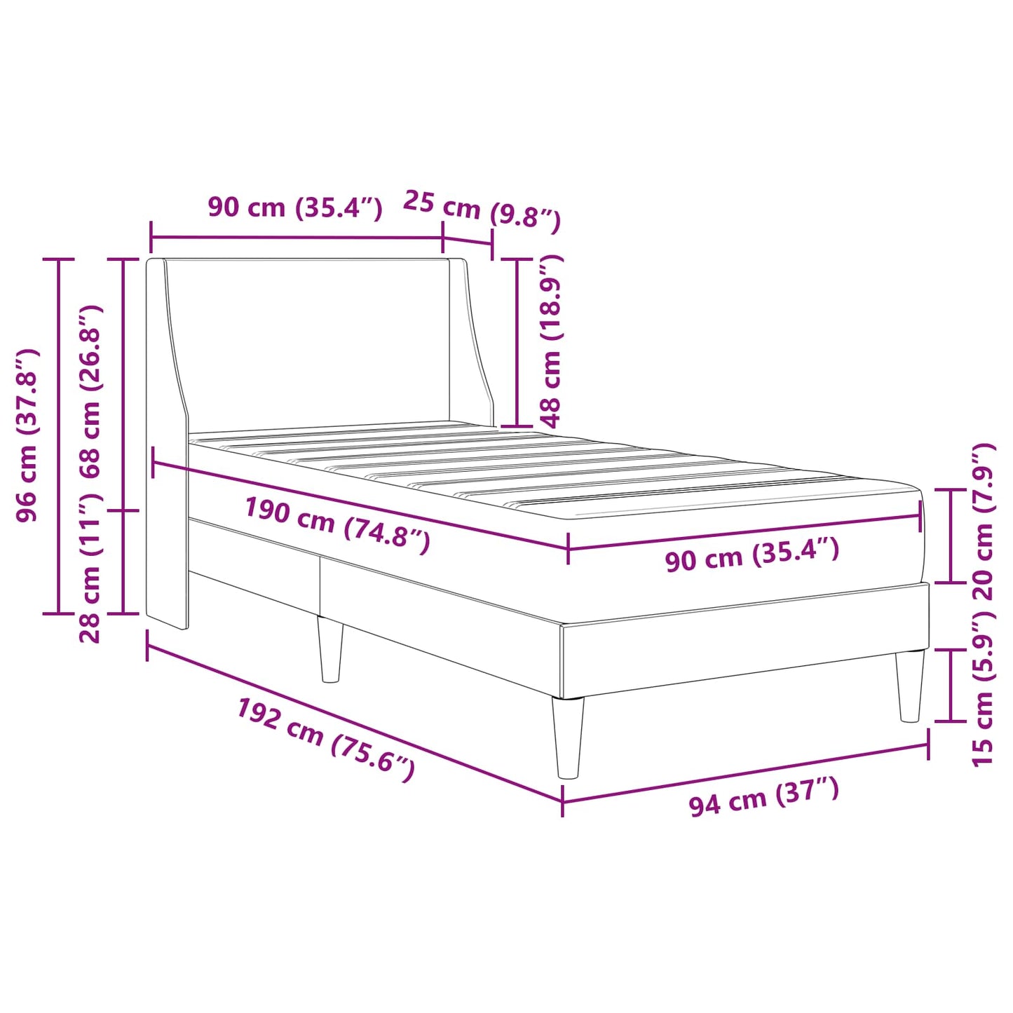 Bed Frame with Mattress with Headboard Black 90 x 190 cm Fabric