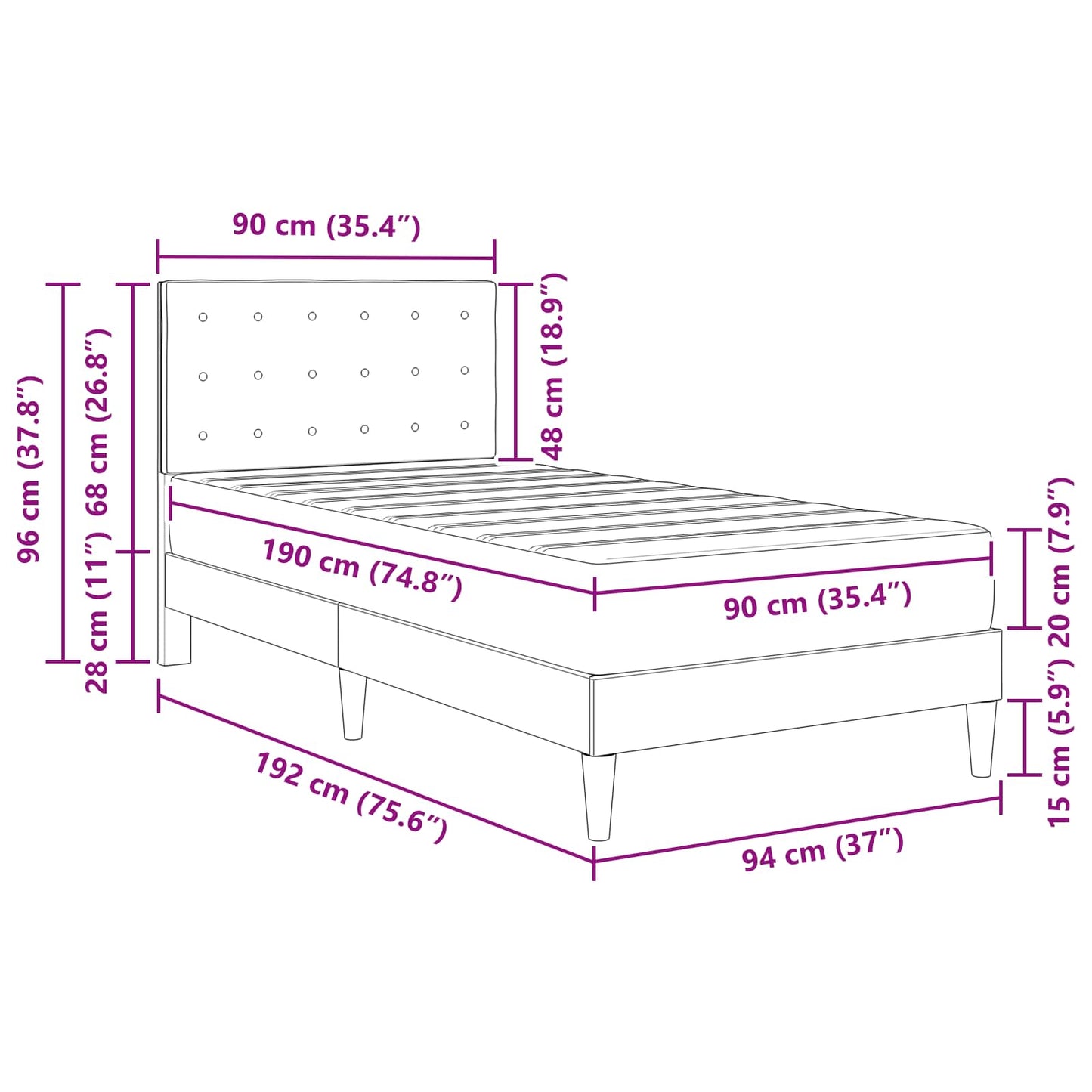 Bed Frame with Mattress Light Grey 90 x 190 cm Fabric