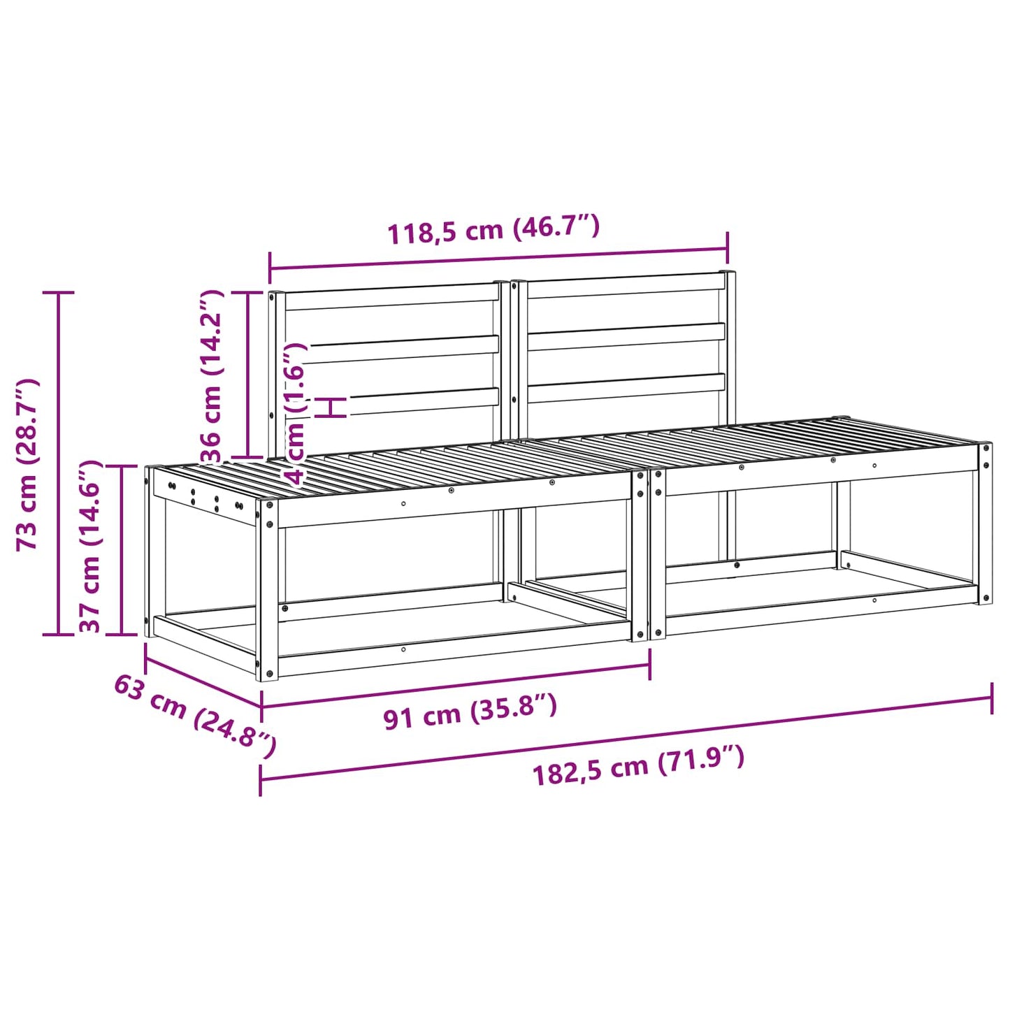 Outdoor End Sofa 2 Piece White 182.5 x 63 x 73 cm