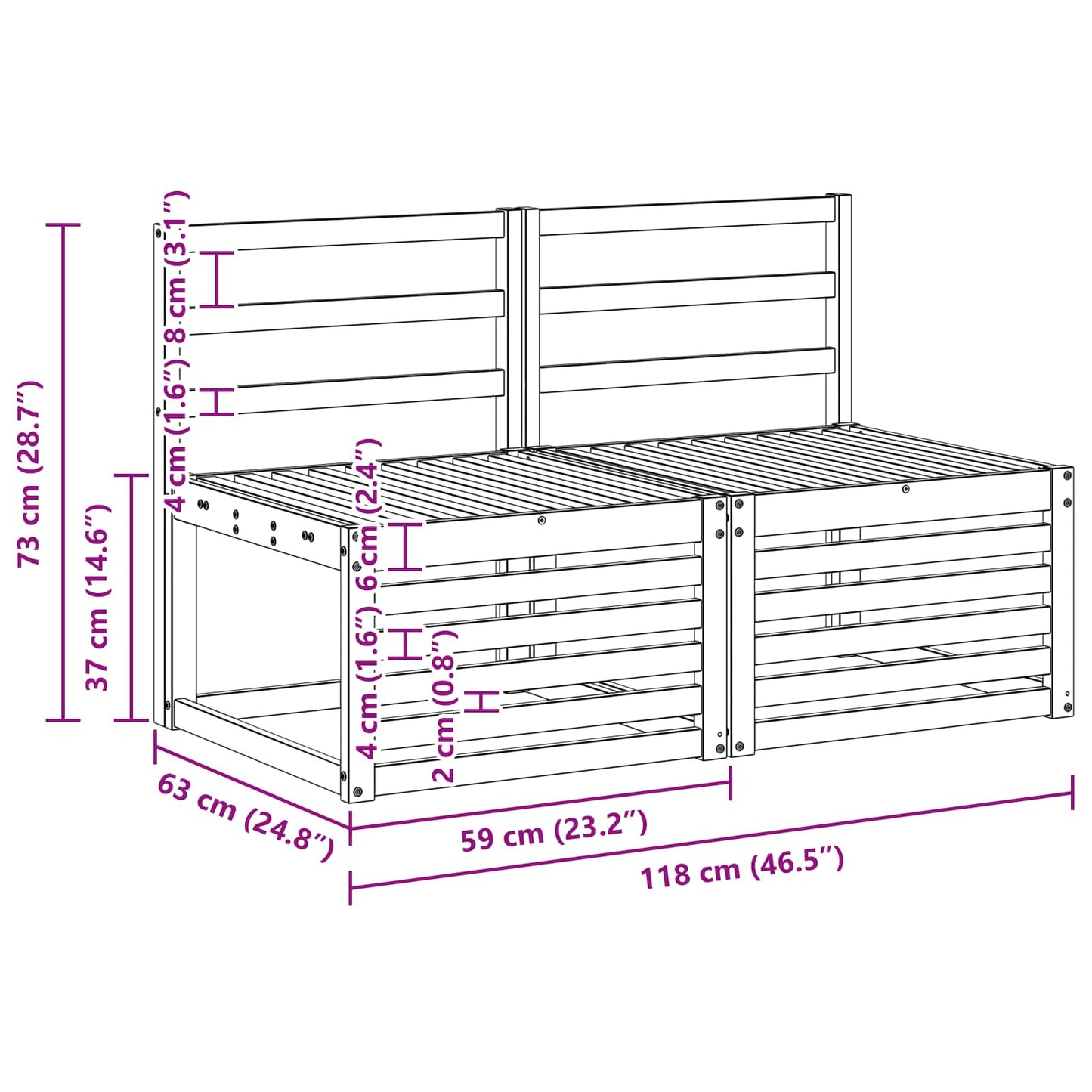 2 Piece Outdoor Middle Sofa Solid Acacia Wood White