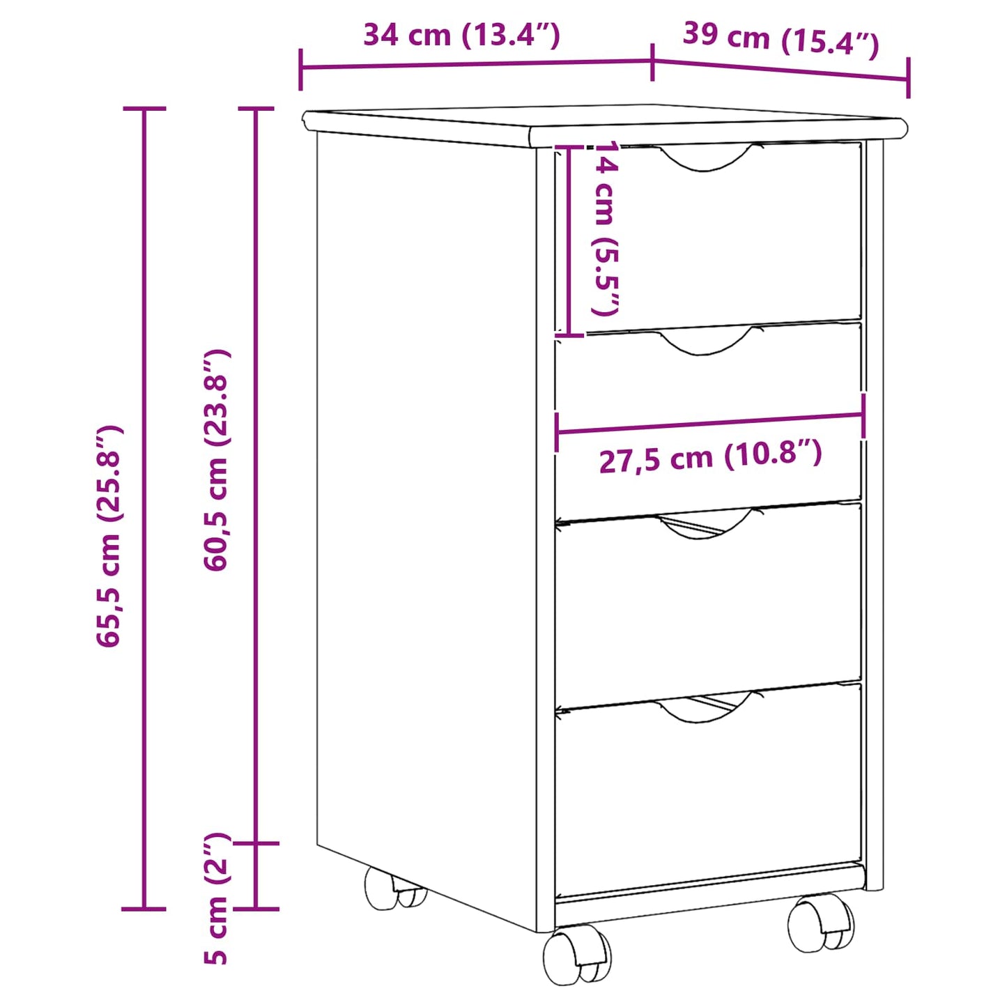 Rolling Cabinet White 34 x 39 x 65.5 cm Solid Pine Wood