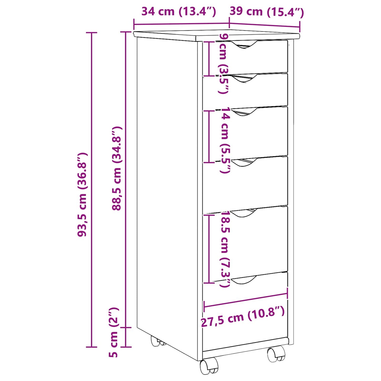 Rolling Cabinet Honey Brown 34 x 39 x 93.5 cm Solid Pine Wood