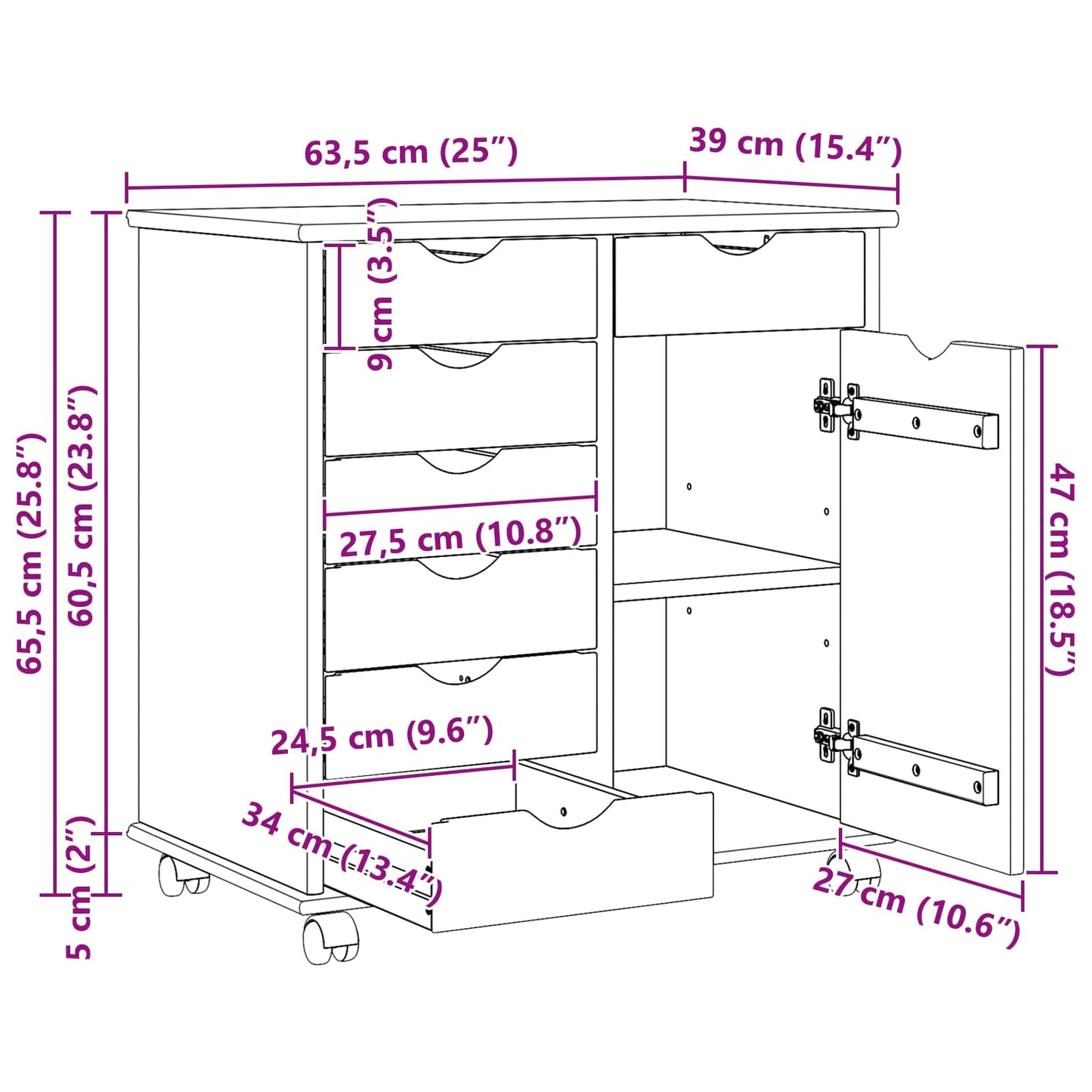 Rolling Cabinet White 63.5 x 39 x 65.5 cm Solid Pine Wood