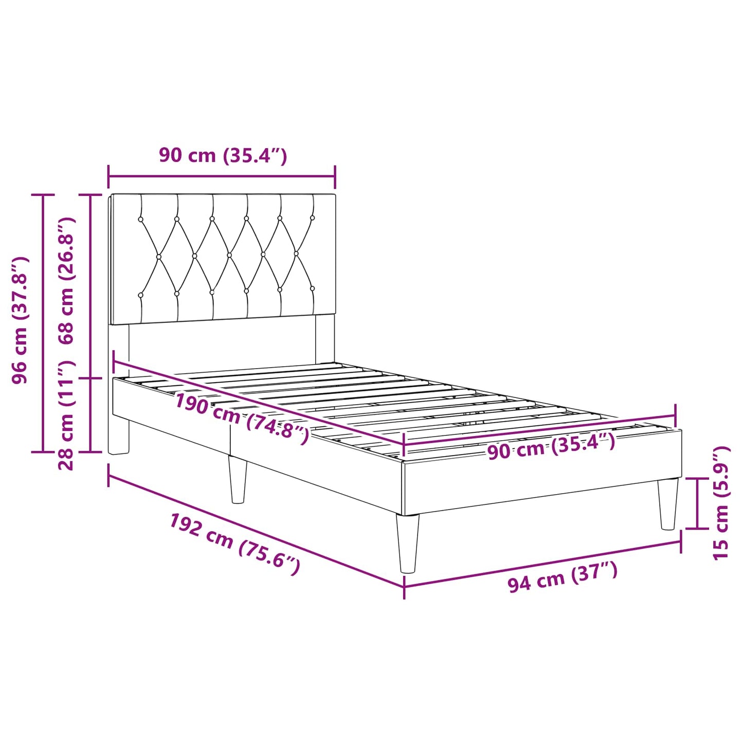Bed Frame with Headboard Black 90 x 190 cm Velvet