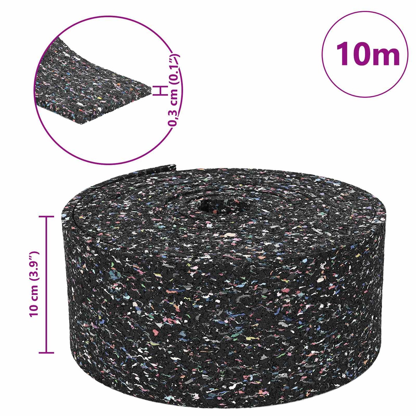 Rubber Granulate Roll Black 1000 x 10 x 0.3 cm Rubber