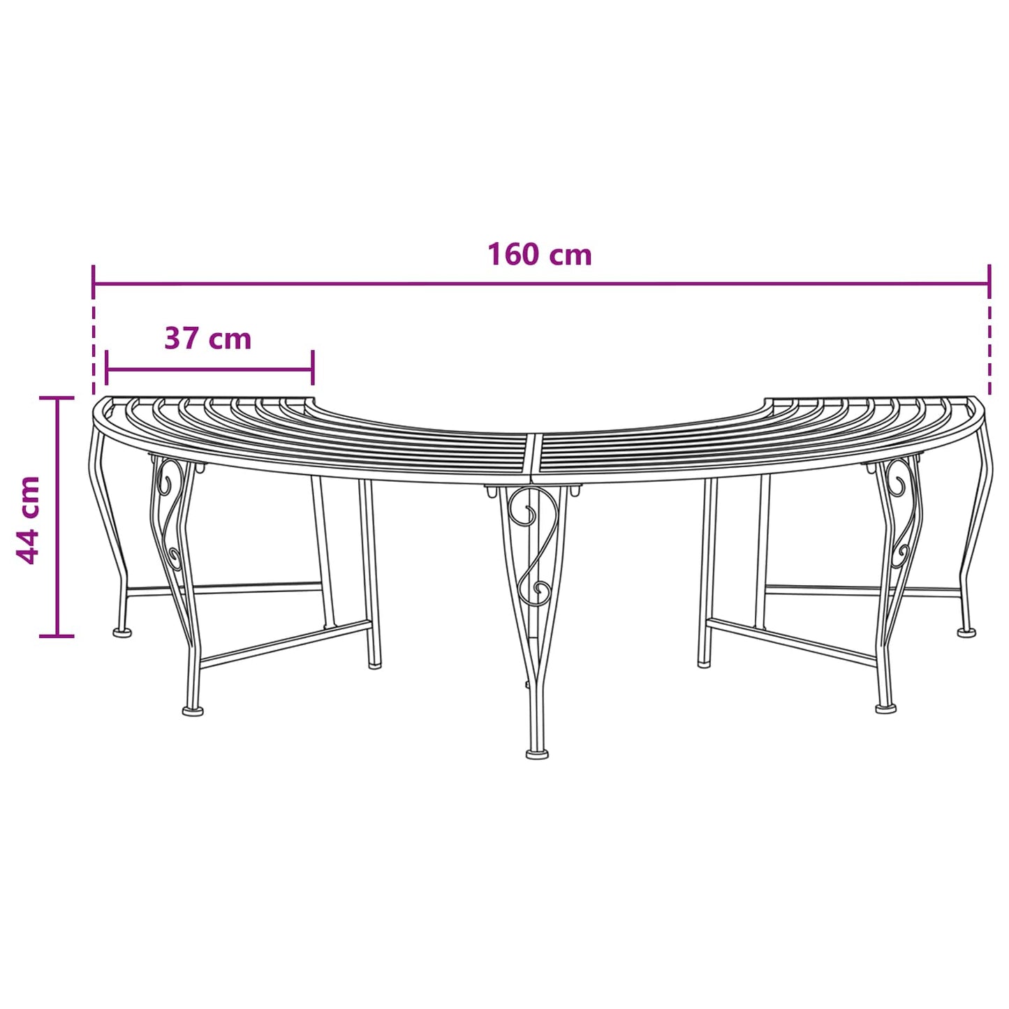 Tree Bench 4-Seater 160 x 80 x 44 cm Steel Black Half-round