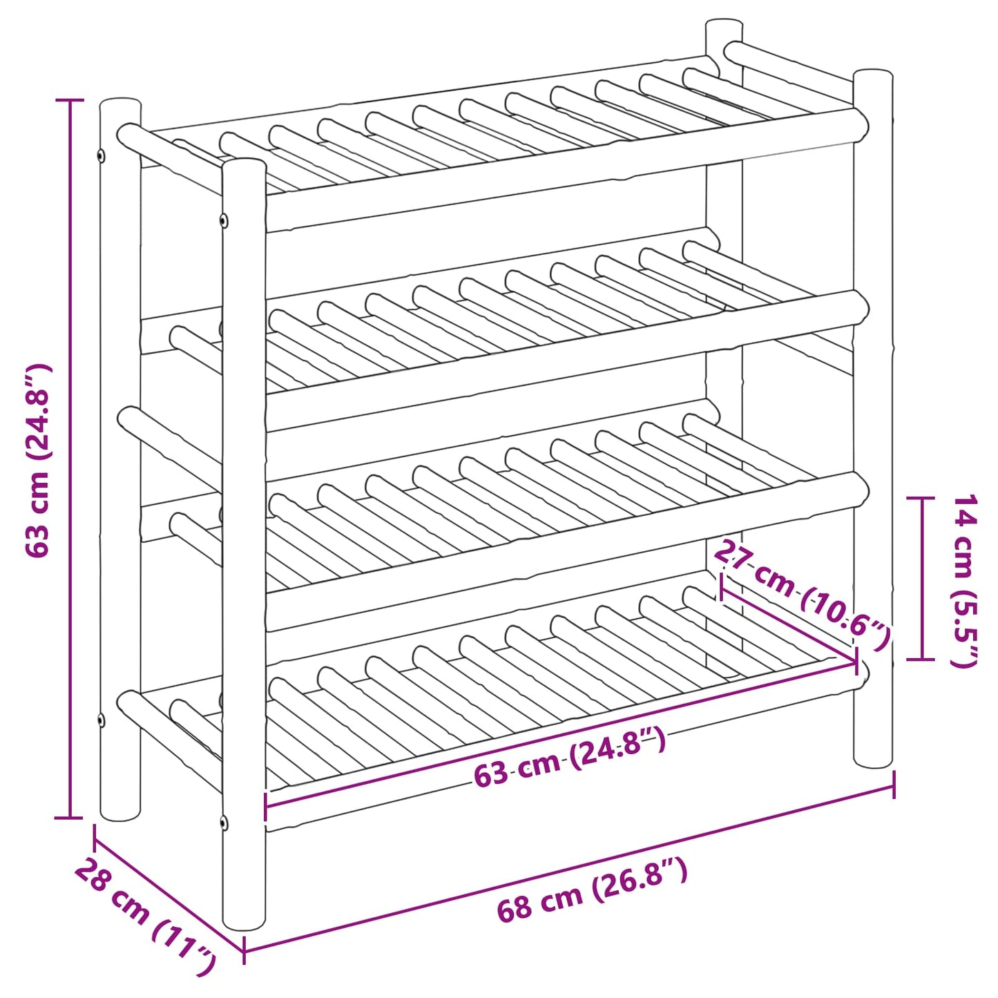 Shoe Rack 68 x 28 x 63 cm Bamboo Natural