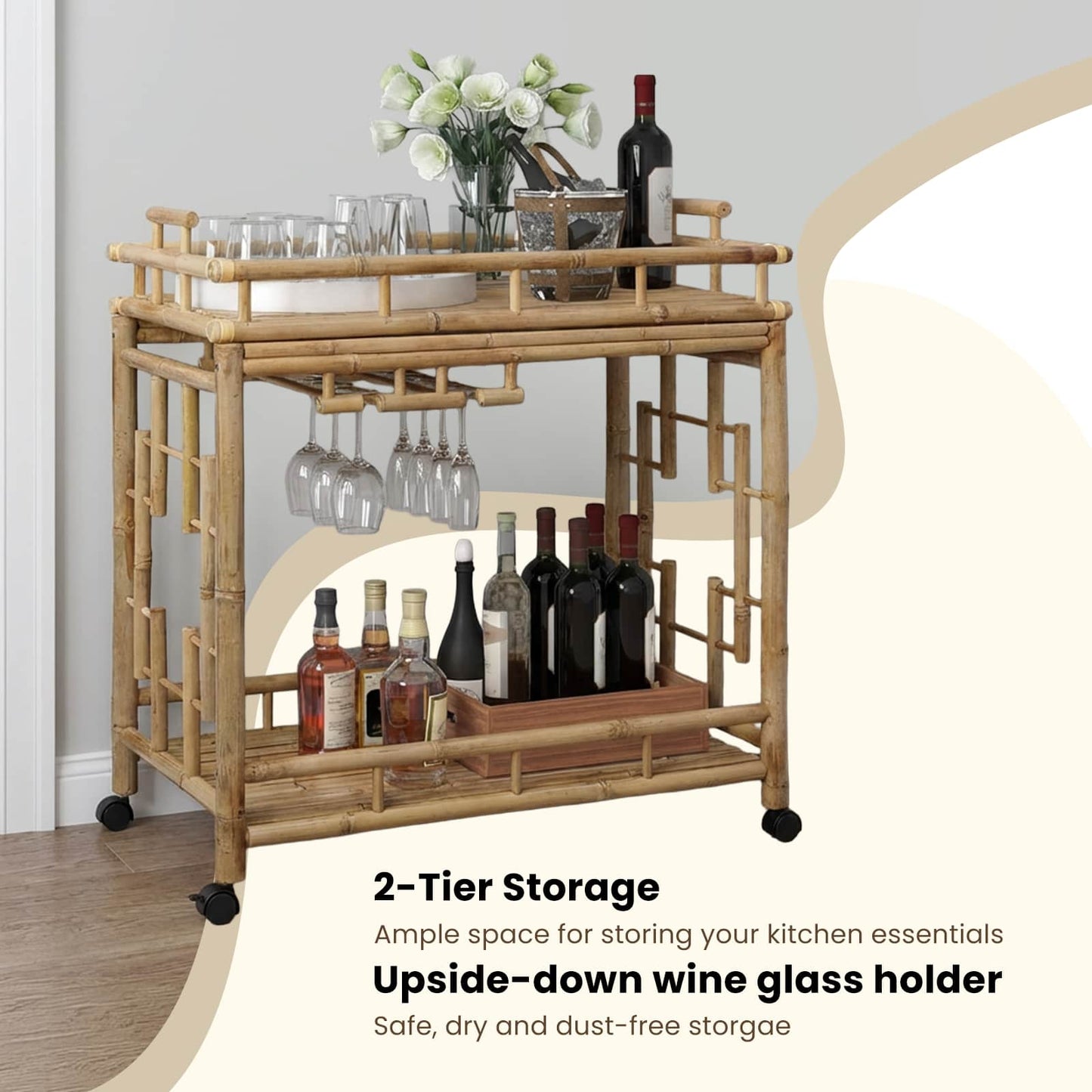 Wine Trolley with Wheels Natural 85 x 50 x 93 cm Bamboo