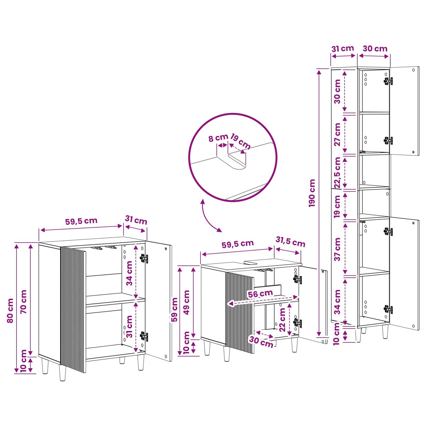 3 Piece Bathroom Cabinet Set ARNHEM Concrete Grey