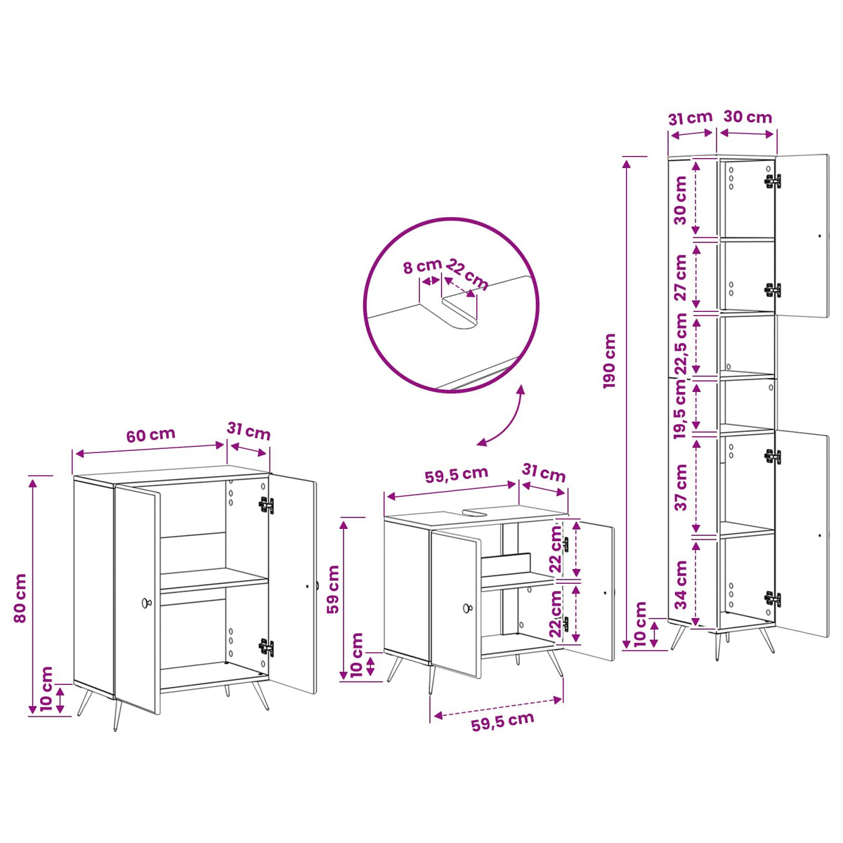3 Piece Bathroom Cabinet Set BREDA Concrete Grey