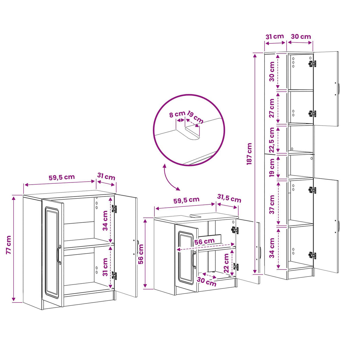 3 Piece Bathroom Cabinet Set UTRECHT Grey Sonoma