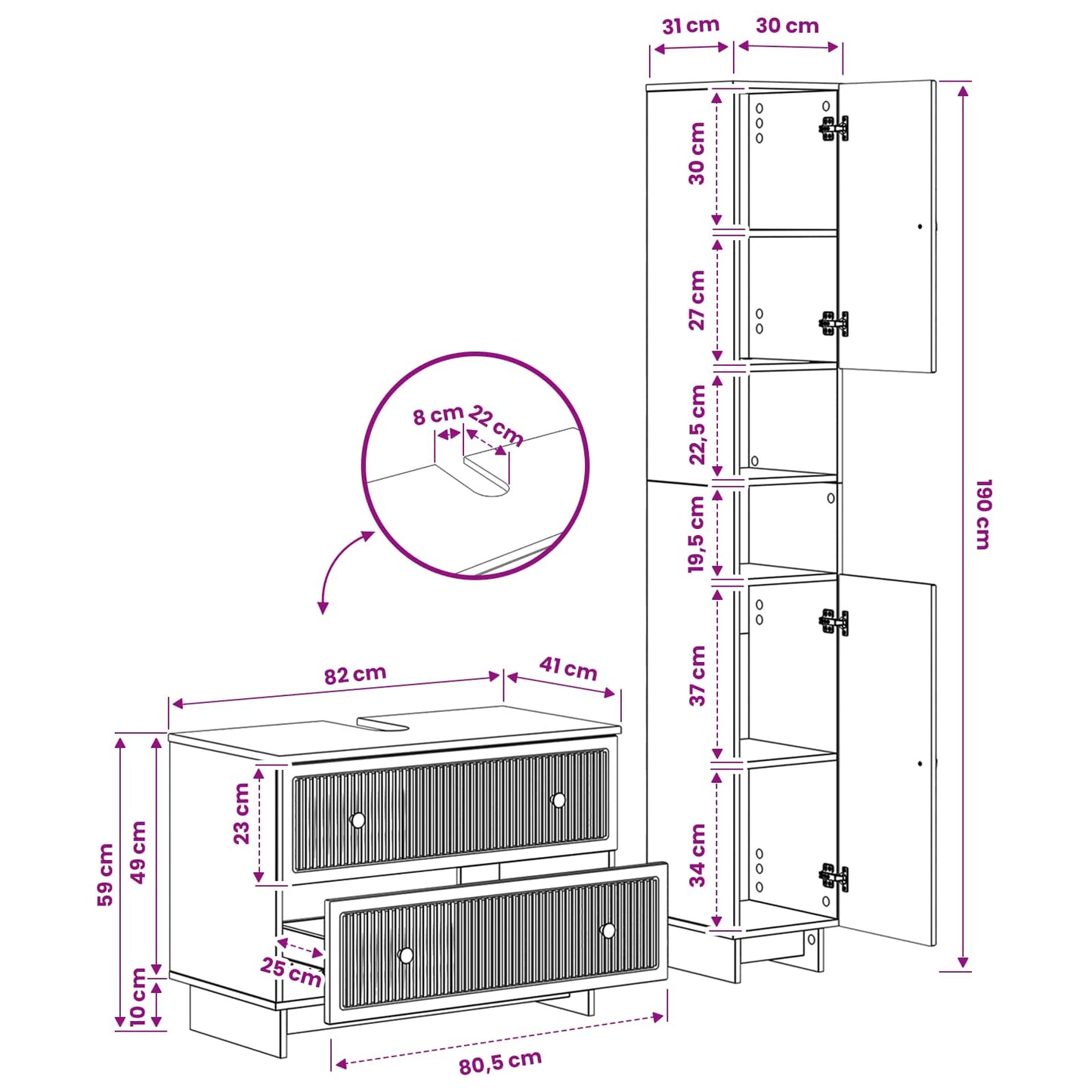2 Piece Bathroom Cabinet Set EDE Old Wood Engineered Wood