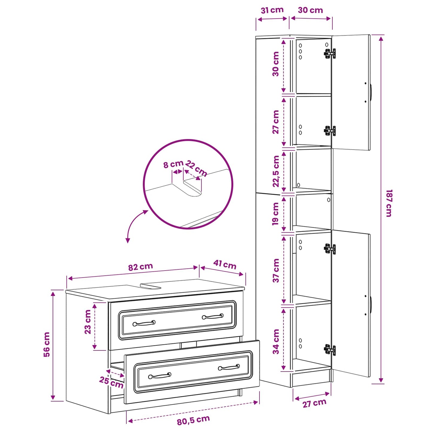 2 Piece Bathroom Cabinet Set UTRECHT High Gloss White